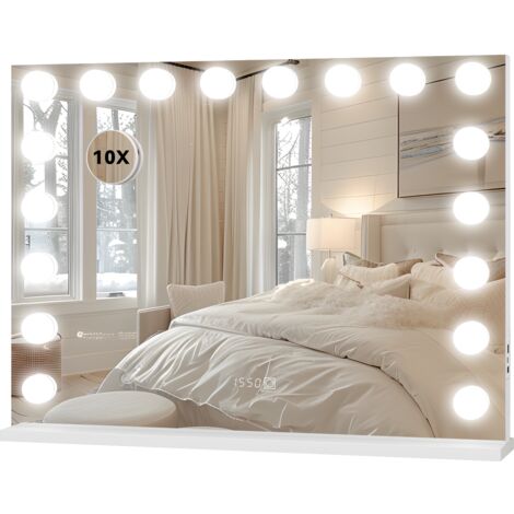 Puluomis – Miroir grossissant lumineux 80x60cm – 18 ampoules LED dimmables – 3 températures de couleur – Affichage heure et température – USB et Type-C