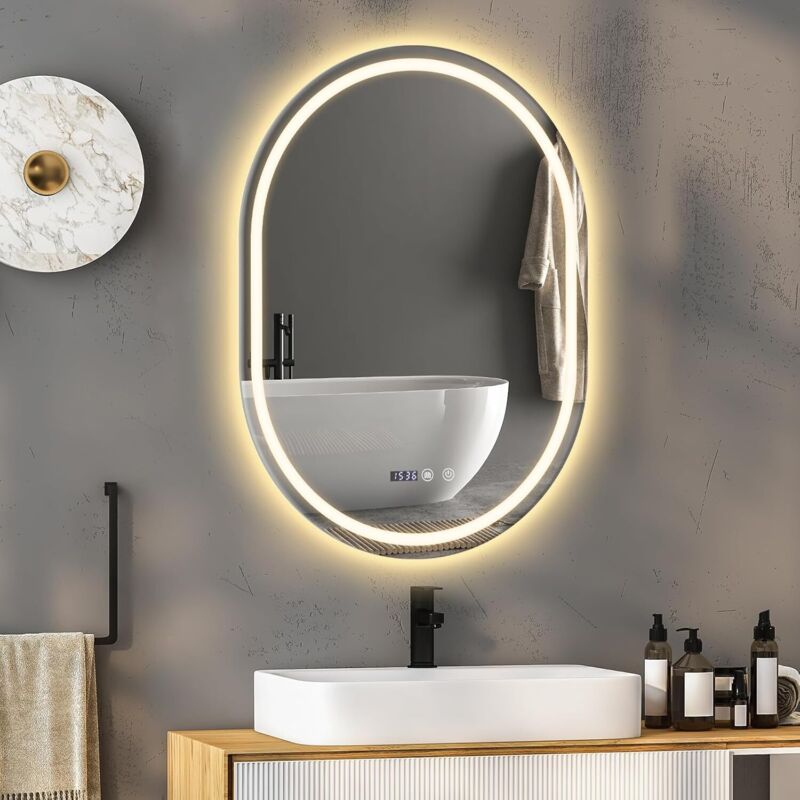 Miroir lumineux de salle de bain 60x80cm Ovale Miroir Mural Avec Éclairage Horizontal led Anti-Buée Interrupteurs Tactiles 3 couleurs de lumière
