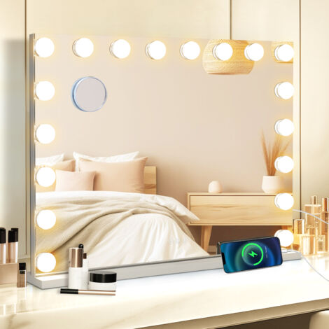 Puluomis – Miroir lumineux de salle de bain 80x60cm – 18 lumières LED – Écran tactile – Loupe grossissante 10x – Installation murale ou sur table