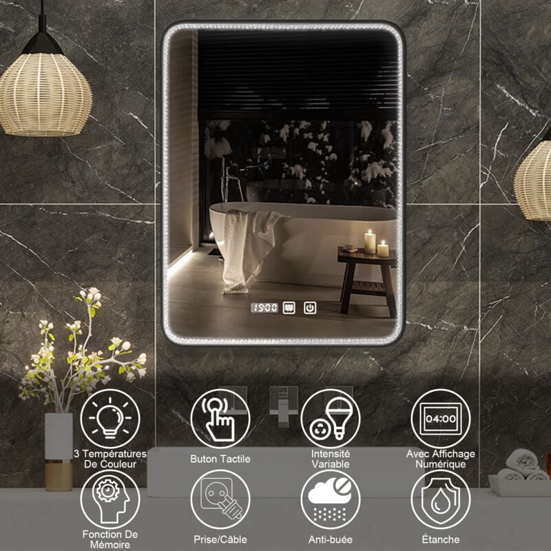 Puluomis - Miroir lumineux de salle de bain 80x60cm Miroir de maquillage avec éclairage led réglable , Miroir de grande taille, Miroir mural ,