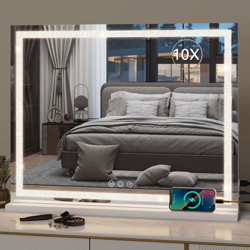 Miroir Maquillage Lumineux led 58X46cm, Miroir de Table Coiffeuse Cosmétique 3 Couleurs Dimmable avec usb et Type-C, Contrôle Tactile, Deux méthodes