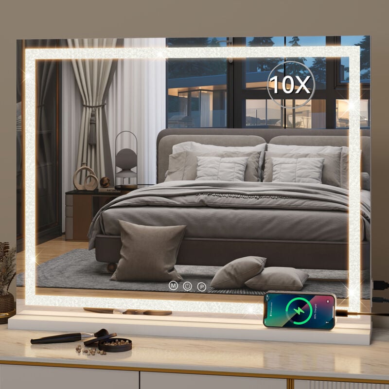 Miroir Maquillage Lumineux led 70X55cm, Miroir de Table Coiffeuse Cosmétique 3 Couleurs Dimmable avec usb et Type-C, Contrôle Tactile, Deux méthodes