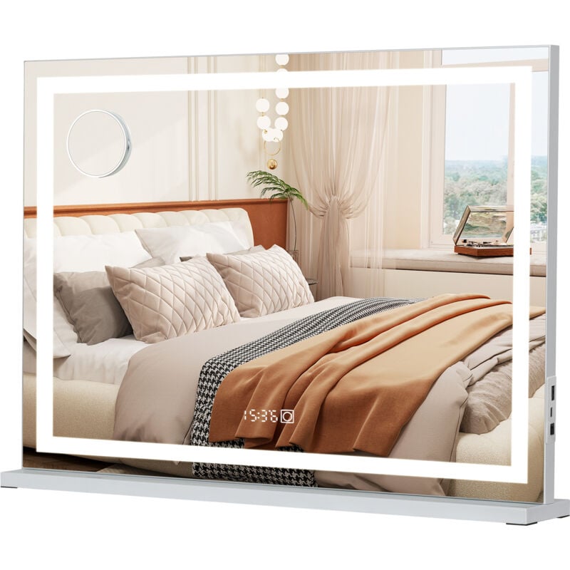 Puluomis - Miroir Maquillage Lumineux led 80X56cm, 3 couleurs, luminosité réglable, avec 2 ports usb et 1 Type-C, Affichage de l'heure, Contrôle