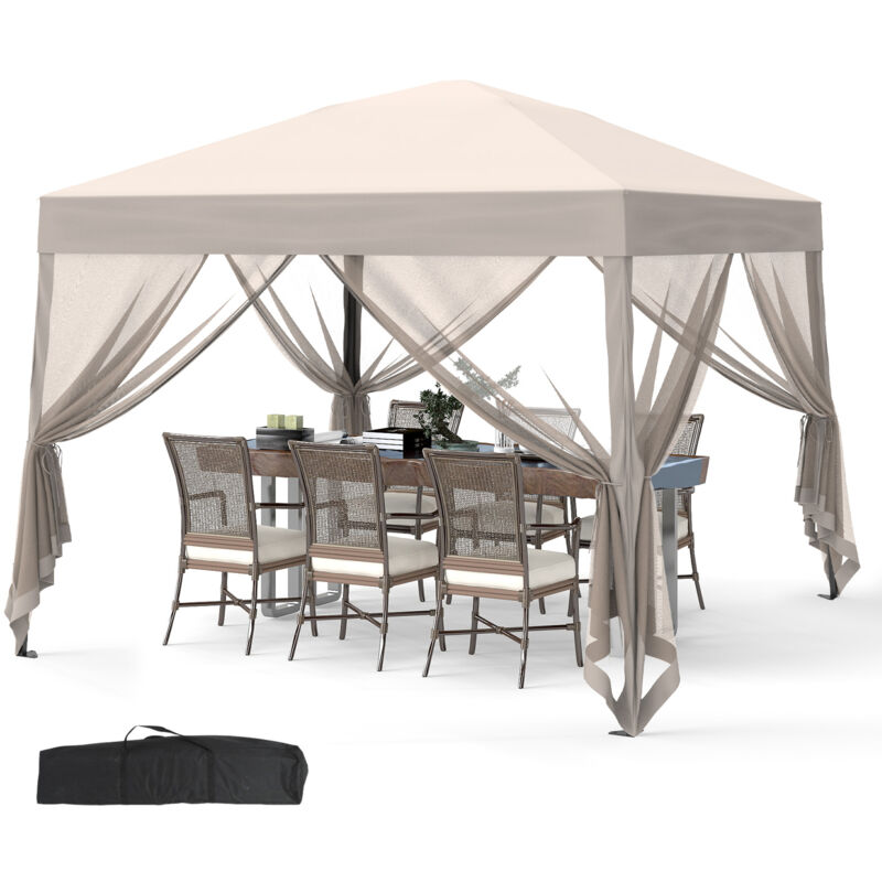 Puluomis - Pavillon de jardin 3 x 3 m avec Moustiquaires, Pop up Barnum Pliant, Toit Ventilé, Pergola Imperméable Anti uv 50+ Respirable, Beige