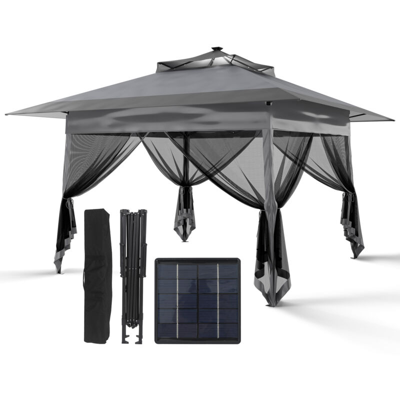 Puluomis - Pavillon de jardin 3,6 x 3,6 m avec Moustiquaires, Pop up Barnum Pliant, Toit Ventilé, Pergola Imperméable Anti uv 50+ Respirable, Gris