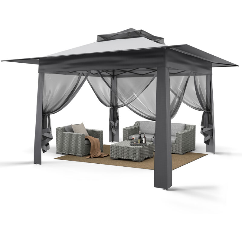 Puluomis - Pavillon de jardin tonnelle barnum style colonial double toit toiles moustiquaires amovibles zippées gris 3.65m