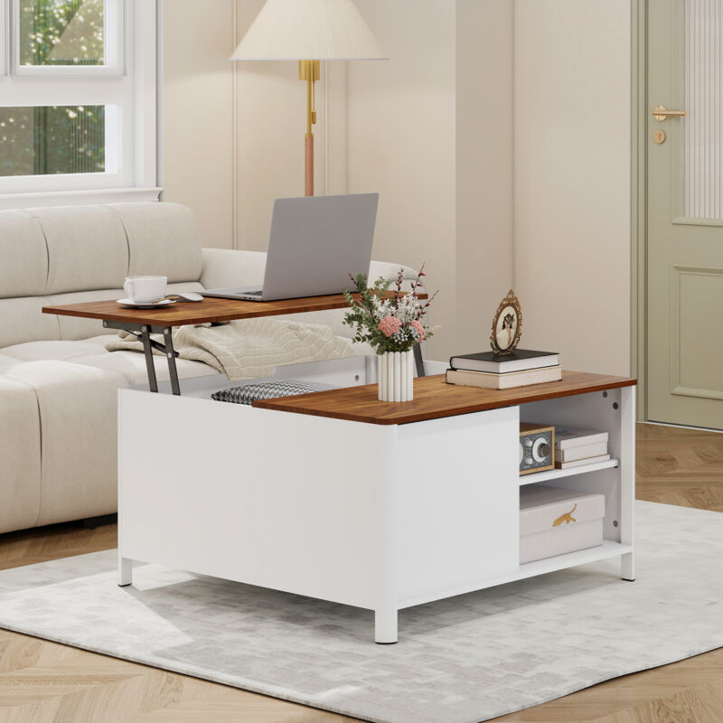 Puluomis –Table basse carrée 80 x 80 x 43 cm à coins arrondis, deux tons bois et blanc – Plateau réglable en hauteur – Espace de rangement généreux –