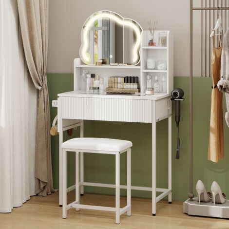 Coiffeuse Avec Miroir Éclairage LED - Table 80 Cm + Armoire Latérale - Tabouret Inclus - Pieds Métal Blanc - Modulable Gauche/Droite - 8