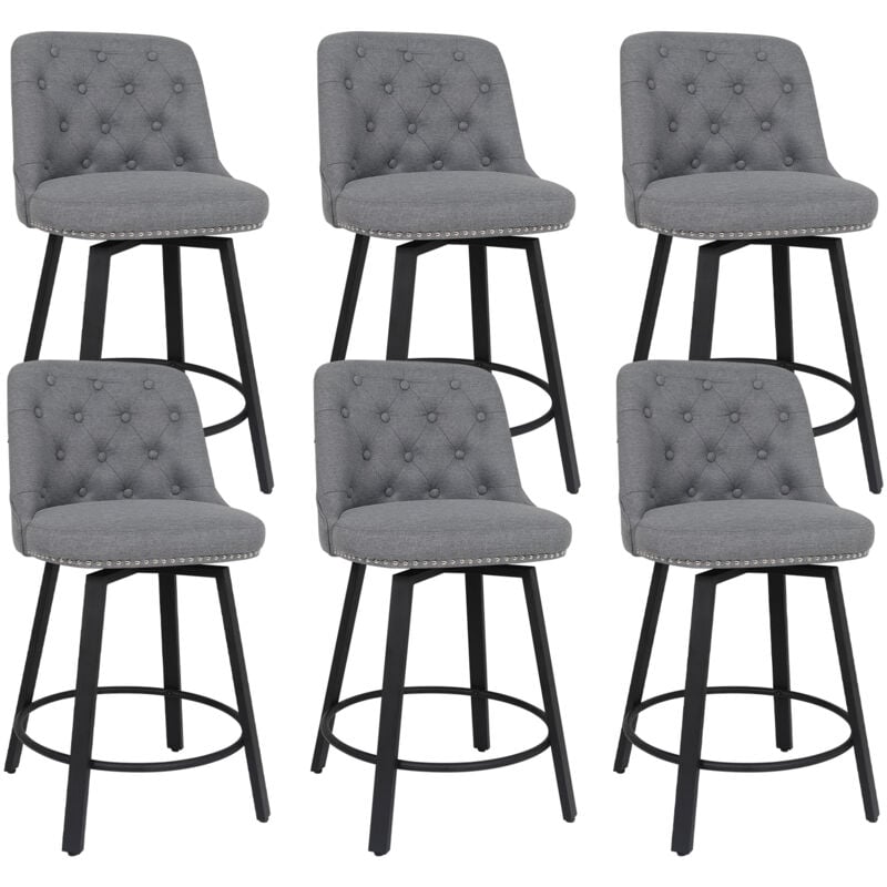 Puluomis - Tabouret de Bar Pivotant Lot de 6, Rotatif sur 360°, Chaise Haute de Bar Rembourré avec Dossier et Repose-Pieds, Tissus Coton et Lin,