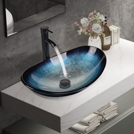 Puluomis – Vasque à poser en verre trempé ovale 53x35x16cm – Lavabo noir bleu pour salle de bain – Épaisseur 1,2cm – Hauteur robinet 30cm