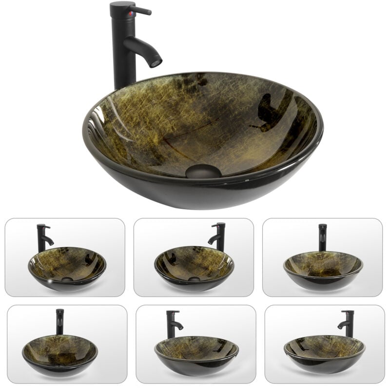 Puluomis - Vasque à Poser ronde de salle de bain en verre Lavabo 42x42x14 cm, Lave-Mains Évier, Salle de bain, Cuisine - Noir jaune