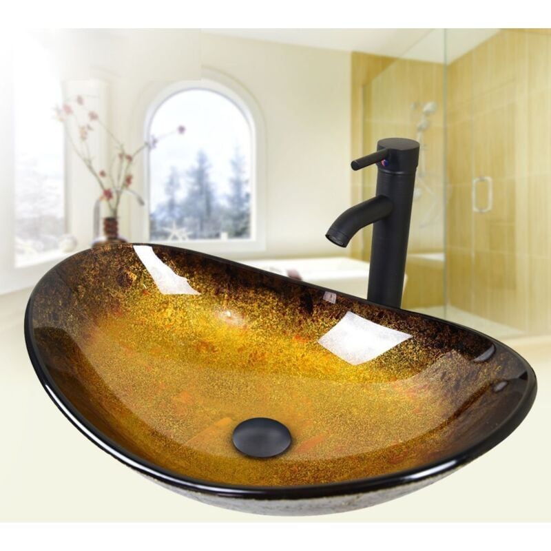 Vasque à Poser en verre Lavabo pour Salle de Bain,55x35x15cm,Ovale,or-jaune - Jaune - Puluomis