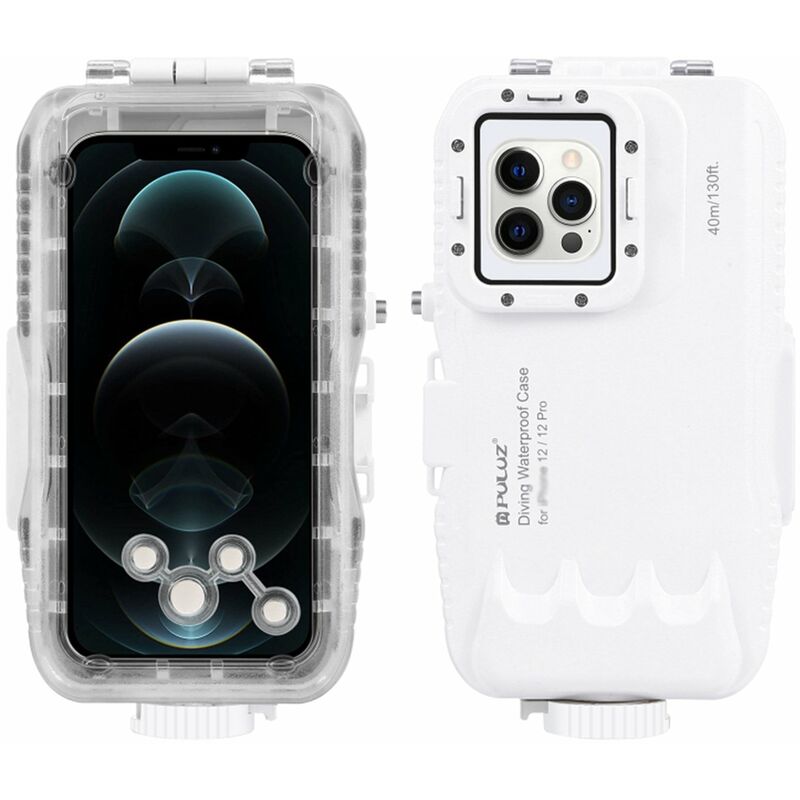 

40m / 130ft Carcasa de buceo a prueba de agua Funda para fotografia y video Toma de protector subacuatico Reemplazo para i-Phone 12/12 Pro (Blanco)