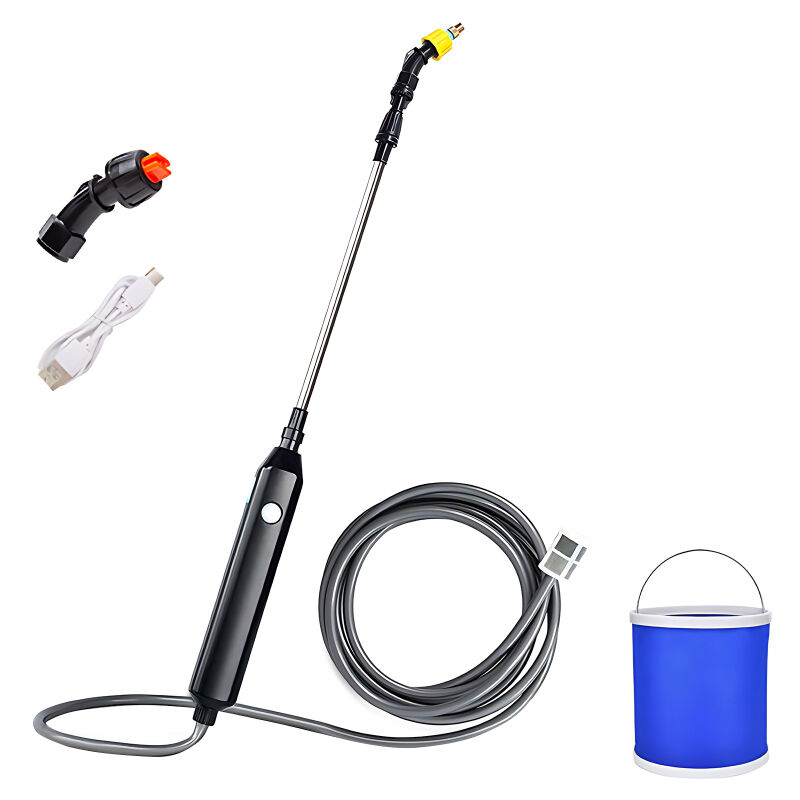 Lifcausal - Pulvérisateur d'arrosage électrique portable rétractable en acier inoxydable, réglable, 58 cm, avec tuyau de 5 m, 2 buses, filtre et seau