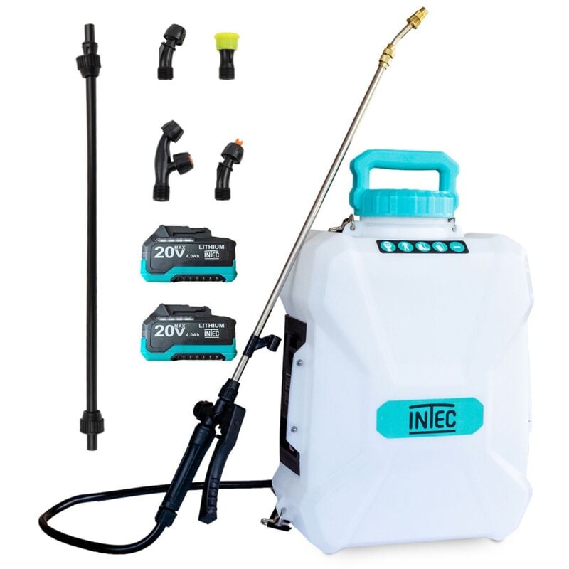 Pulvérisateur à batterie 20V 12L 5 Bar + 2 Batteries lithium 4.0Ah + Chargeur + 2 Lances Fibre et Inox + 4 buses Intec