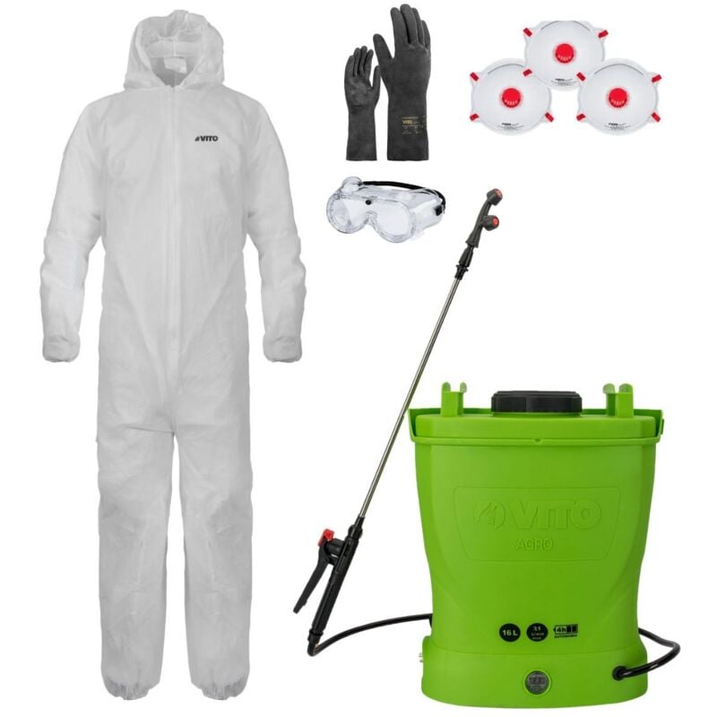 Pulvérisateur Electrique à Batterie 16L + Combinaison de Protection Jetable Jardin + Accessoires de Protection et Pulvérisation