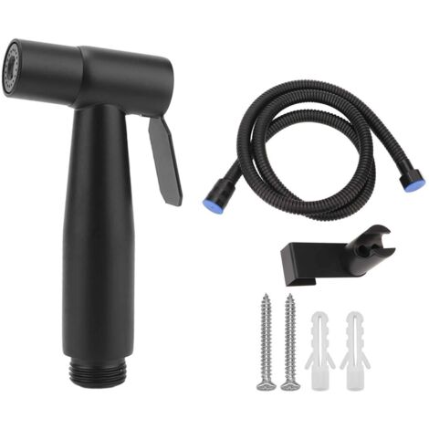 Pulvérisateur portatif sous pression en acier inoxydable 304 noir avec tuyau de 1,2 m et crochet mural pour bidet de toilette. Filetage mâle et femelle G1/2.