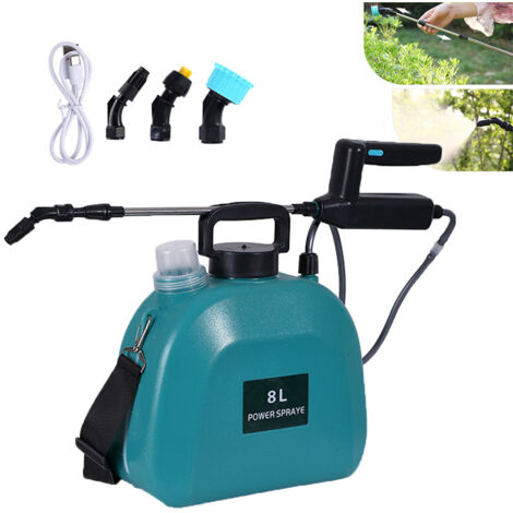 Pulverizador a batería de 8 L con 3 boquillas, mango recargable y correa de hombro ajustable.
