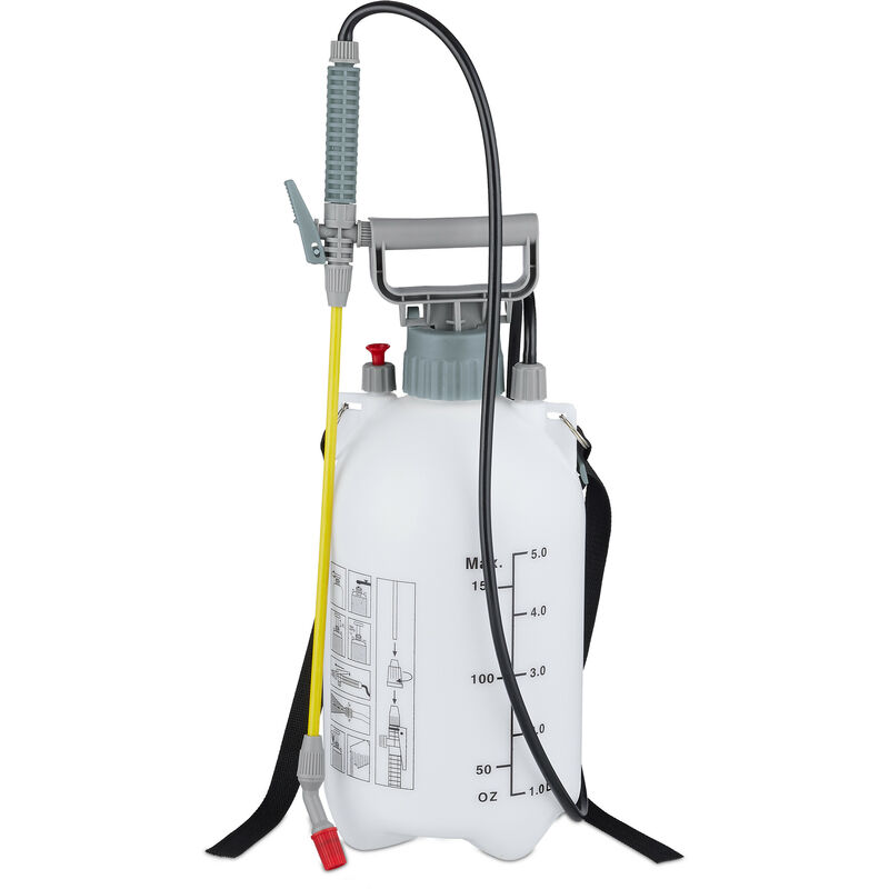 Pulvérisateur à pression, 5 l, protection & arrosage des plantes, buse réglable, graduations, blanc et gris - Relaxdays