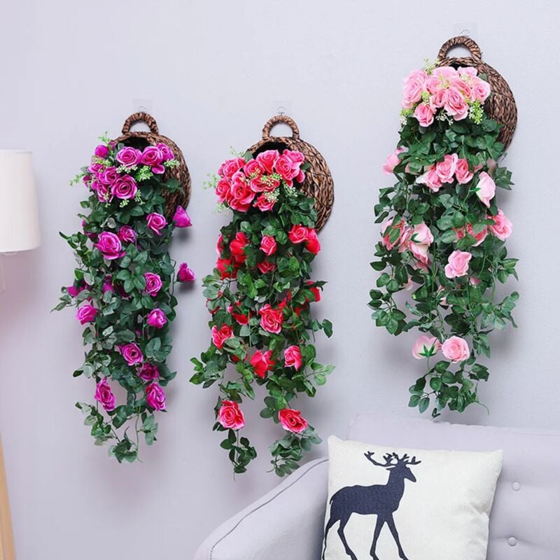 Fortuneville - 3 pièces 90cm rouge/rose/violet guirlande de roses artificielles fausse fleur lierre guirlande décoration de plantes suspendues