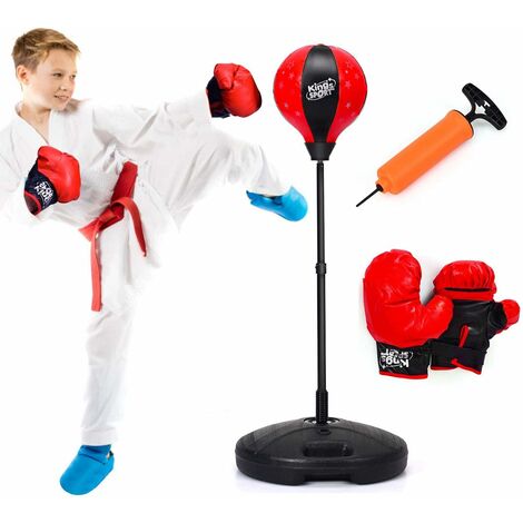 Punching Ball Enfants sur Pied avec Gants et Pompe à Main Gonflable Réglable en Hauteur 90-130CM