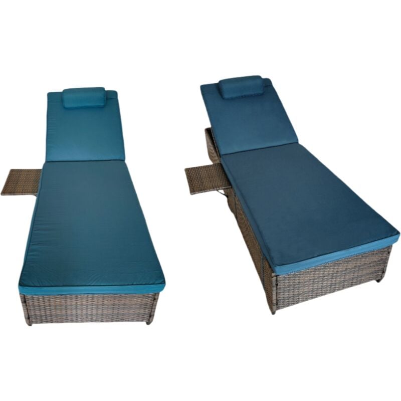 Concept-usine - punta cana - Lot de 2 transats coussins bleus foncé en résine tressée avec tablette latérale