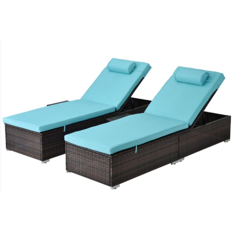 Concept-usine - punta cana - Lot de 2 transats coussins bleus en résine tressée avec tablette latérale