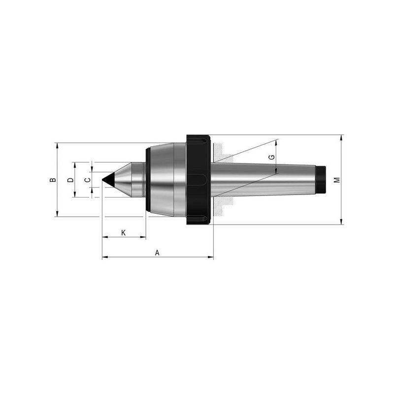 

Punta giratoria con tuerca de extracción y pastilla de carburo, Tamaño : 108, MK 4, A 102,5 mm, B : 70 mm, C : 14 mm, D : 32 mm, G : 31,625 mm