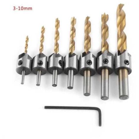 Punta per svasatura in legno HSS, acciaio rapido, alesatore per svasatura e smussatura del legno con chiave esagonale, 7 pezzi da 3 a 10 mm