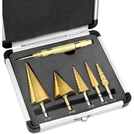 Punta per trapano a gradini HSS 4241 in 5 misure - 4-12 mm/3-13 mm/4-20 mm/5-35 mm/4-32 mm - per piastre metalliche/legno/plastica