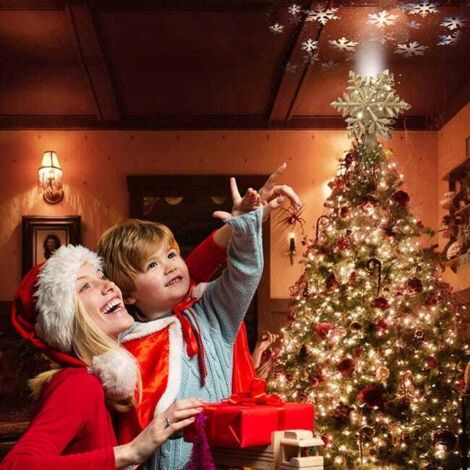 Puntale per albero di Natale da 25 cm con proiettore di fiocchi di neve, fiocco di neve magico rotante a LED, ornamento natalizio 3D con glitter cavi