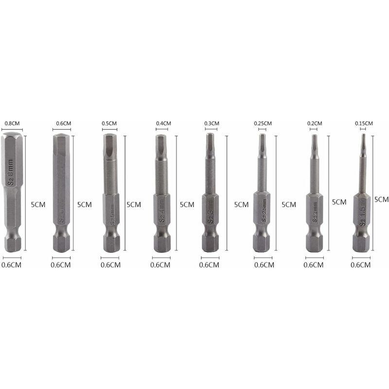 

Puntas de destornillador magnético, 1/4 '' H1.5-H8 50 mm / 2 '' S2 Puntas de destornillador de cabeza hexagonal con vástago hexagonal 8 piezas