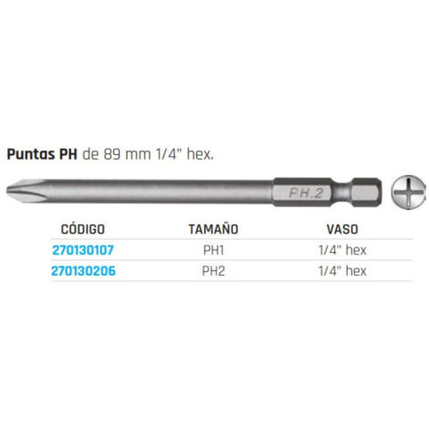 Puntas PH de 89 mm 1/4” hex. TAMAÑO PH2. VASO 1/4” hex TENGTOOLS 270130206