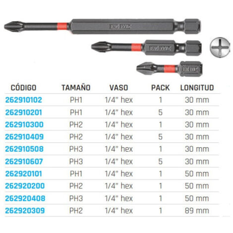 Puntas PH de impacto 1/4” hex PH2 89mm TENGTOOLS 262920309