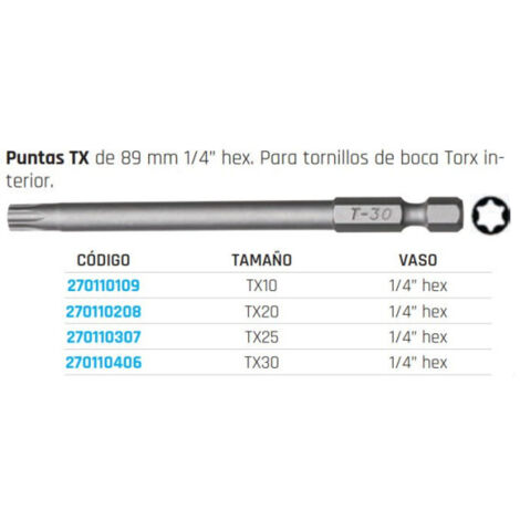 Puntas TX de 89 mm 1/4” hex.Para tornillos de boca Torx interior.TAMAÑO TX20.VASO 1/4” hex TENGTOOLS