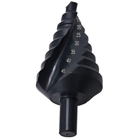 Punte a gradini, scanalature elicoidali da 10 a 45 mm, adatte per acciaio al carbonio, lamiere sottili, pannelli isolanti, pannelli in PVC e materiali in lastre. Colore nero.