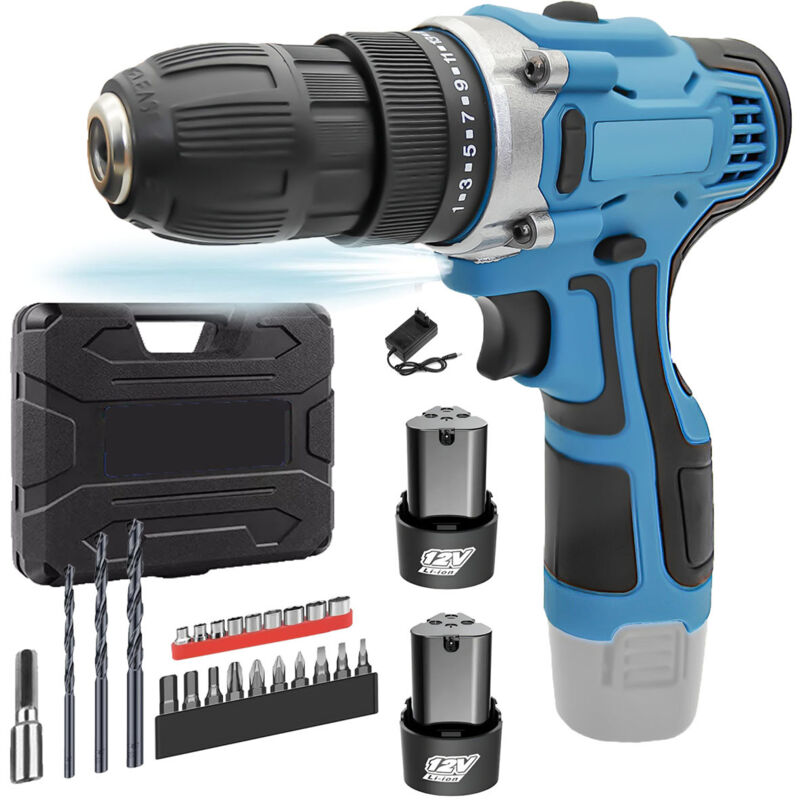 Image of Mawiron - Punte da trapano, kit trapano avvitatore a batteria, set trapano elettrico da 12 v, coppia 25+1, 35 N.m, per forare pareti, mattoni, legno,