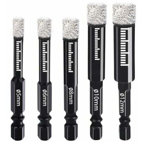 Punte diamantate da trapano da 5 mm, 6 mm, 8 mm, 10 mm, 12 mm con attacco esagonale per ceramica, granito, vetro, porcellana, piastrelle, smerigliatrici angolari e trapani manuali.