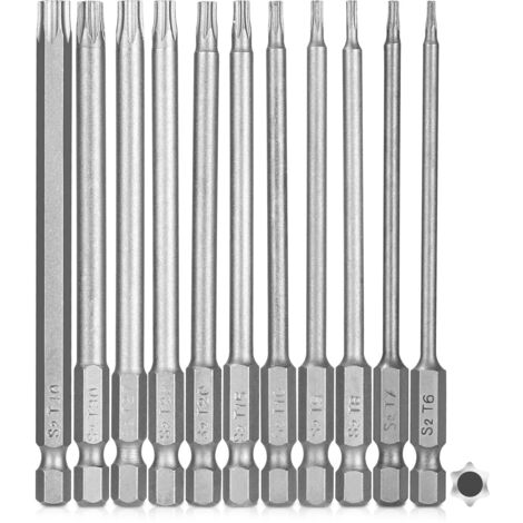 Punte per cacciavite Torx magnetiche da 1/4" x 100 mm, punte Torx lunghe per cacciavite e avvitatore elettrico, attacco esagonale da 1/4" da T6 a T40 (11 pezzi da 100 mm)