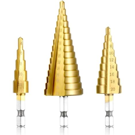 punte per trapano a gradini HSS, in acciaio inossidabile, 4-12/20/32 mm, triangolari coniche in titanio, con gambo esagonale, per foratura con cacciavite su acciaio, ottone, legno, plastica.