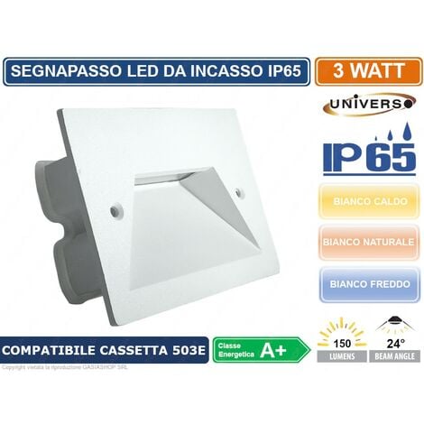 PUNTO LUCE SEGNAPASSO LED RETTANGOLARE COLORE BIANCO MONTAGGIO A INCASSO 503E 3W 24° DA ESTERNO IP65 - Colore Luce: Bianco Naturale