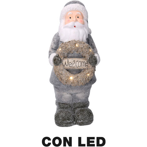Pupazzo Babbo Natale in Resina con Led con ghirlanda grigio cm 21,5x19,5xh51