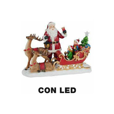 Pupazzo Babbo Natale in Resina con Led con renna e slitta rosso cm 38,5x17,5xh27