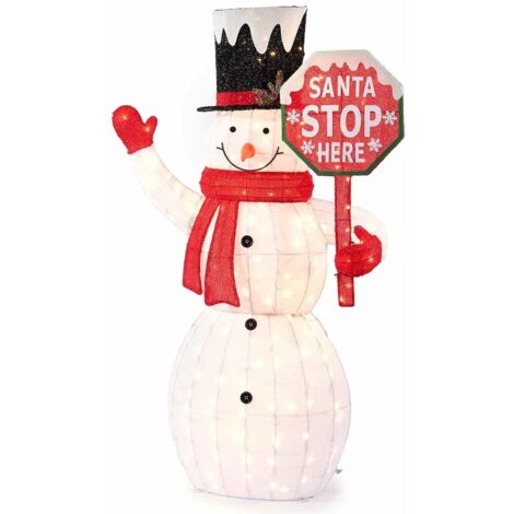 Pupazzo di neve luminoso con luci LED e cartello Santa Stop Here per interno ed esterno 150 cm