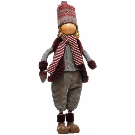 Pupazzo natalizio "Bimbo Bordeaux e Grigio" decorazione per interno h57 cm