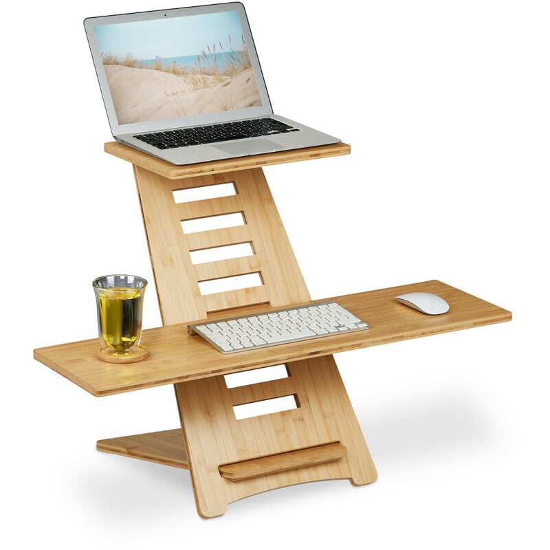 Relaxdays - Pupitre assis-debout pour bureau, bambou, 2 surfaces, hauteur réglable, assis-debout, laptop, écran, nature