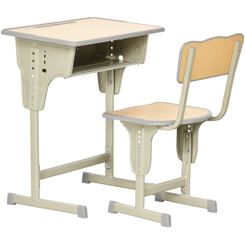 Pupitre d'écolier vintage - Bureau enfant avec chaise réglable, rangements intégrés et design en acier kaki et MDF bois clair