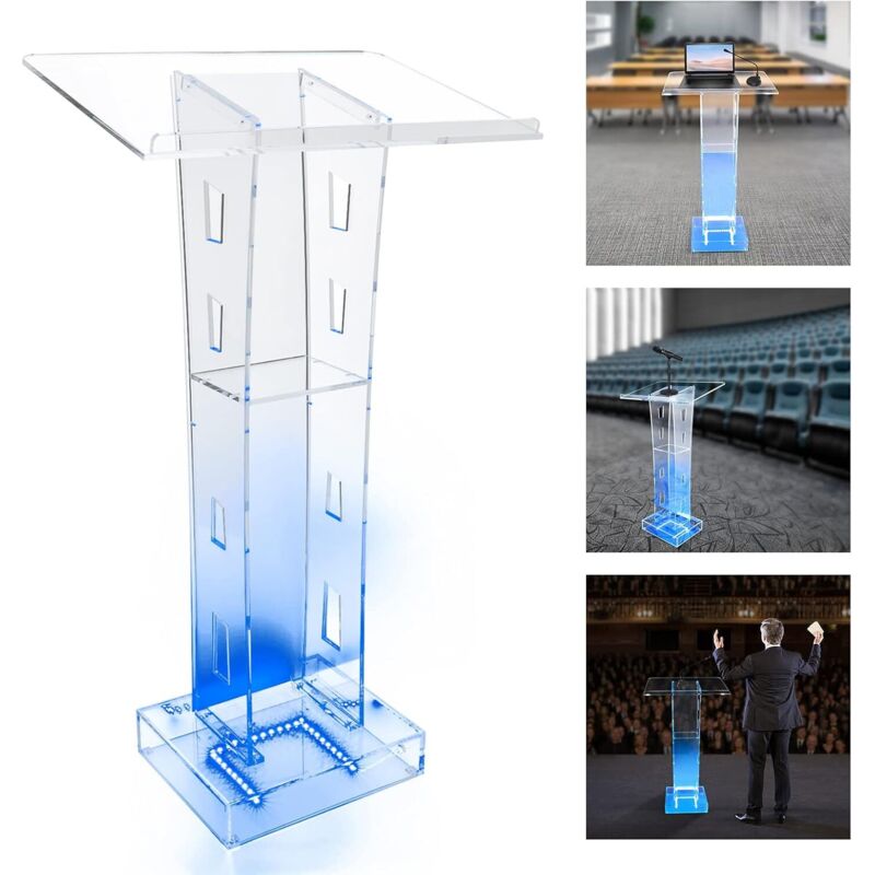 Pupitre en acrylique transparent LED - Podium d'église - Avec plate-forme de lecture verticale - Table haute - Pour les conférences