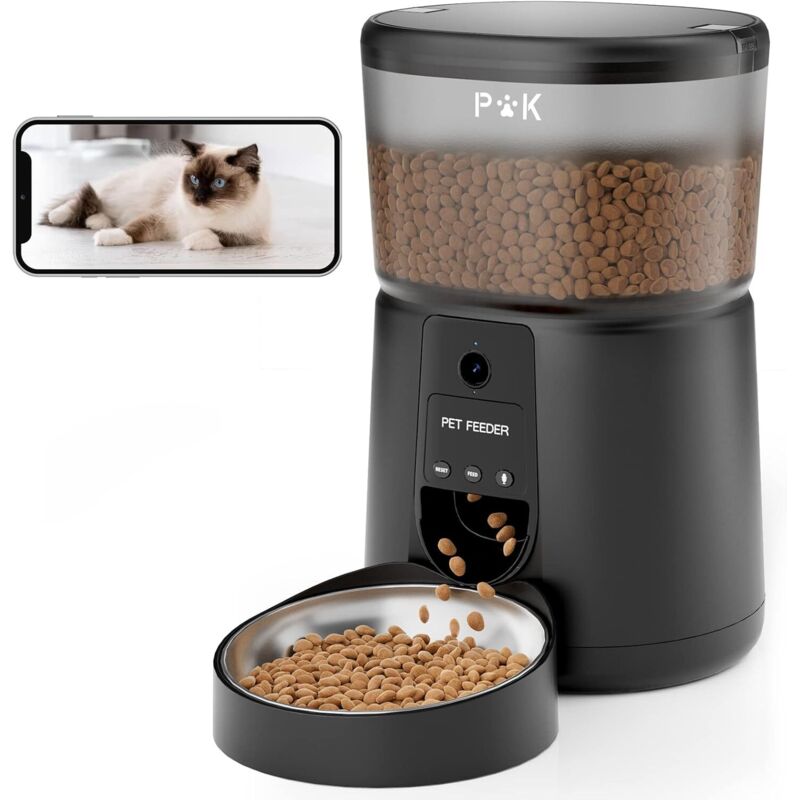 Distributeur Croquettes Chat Automatique avec Caméra 1080P, 2,4 g WiFi Distributeur de Croquettes pour Chat avec app Vidéo Audio Vision Nocturne Bol
