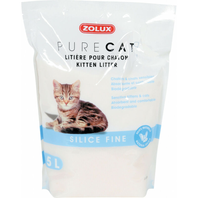 

Pura arena de gato para gatitos. Sílice fino. Biodegradable. 5 litros. para los gatitos.